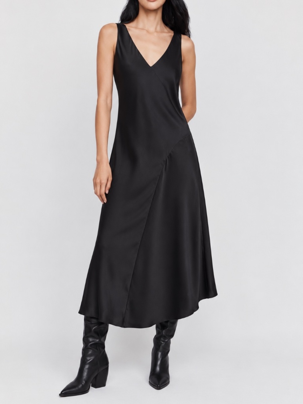 All Saints Arta Black Satin V-Neck Asymmetric Midi Slip Dress Sz XS